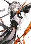  1girl absurdres ameyame ass copyright_request eyebrows_visible_through_hair eyes_visible_through_hair frills grey_eyes grey_hair highres holding holding_weapon long_hair long_sleeves parted_lips simple_background tail torn_clothes weapon white_background 