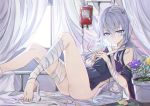  1girl absurdres ass bandaged_arm bandaged_leg bandages bangs barefoot bed blood blood_bag blue_eyes blush closed_mouth collarbone commentary_request curtains dress eyebrows_visible_through_hair flower flower_pot girls_frontline highres hospital_bed huge_filesize indoors intravenous_drip long_hair lying on_back ribeyrolles_1918_(girls_frontline) shoulder_cutout side_cutout silver_hair solo verslll wavy_hair window 