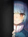  1girl blue_hair blue_shirt commentary_request eyebrows_visible_through_hair eyelashes opening_door peeking_out piyodesu red_eyes shirt short_hair smile solo tatara_kogasa touhou white_shirt 