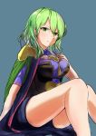  1girl alternate_color armor black_shorts blue_background byleth_(fire_emblem) byleth_eisner_(female) closed_mouth fire_emblem fire_emblem:_three_houses green_eyes green_hair highres hirotaka_(hrtk990203) medium_hair shorts simple_background solo super_smash_bros. 