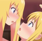  1girl 1other absurdres angel angel_wings bed blonde_hair blush commentary_request crimvael face-to-face gabriel_dropout halo heavy_breathing highres ishuzoku_reviewers poa_mellhen seiyuu_connection tenma_gabriel_white trait_connection wings yuri 