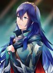  1girl ameno_(a_meno0) armor blue_eyes blue_gloves blue_hair blue_shirt bodysuit breasts cape commentary_request eyelashes fingerless_gloves fire_emblem fire_emblem:_kakusei fire_emblem_13 fire_emblem_awakening gloves gold_trim hair_between_eyes hands_together intelligent_systems long_hair looking_to_the_side lucina lucina_(fire_emblem) nintendo parted_lips shiny shiny_hair shirt shoulder_armor sidelocks sleeve_cuffs small_breasts solo super_smash_bros. tiara upper_body 