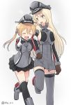  2girls ^_^ ^o^ ahenn bismarck_(kantai_collection) blonde_hair blue_eyes closed_eyes hair_between_eyes hat kantai_collection long_hair low_twintails multiple_girls open_mouth peaked_cap prinz_eugen_(kantai_collection) smile twintails 