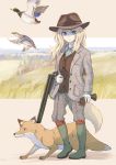  1girl batta_(kanzume_quality) bird blonde_hair blue_eyes boots copyright_request duck fox gloves gloves_removed gun hat holding holding_weapon jacket long_hair long_sleeves outdoors pants_tucked_in shotgun waistcoat weapon 