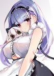  1girl apron azur_lane bangs bare_shoulders black_hairband blush breasts dido_(azur_lane) doll earrings eyebrows_visible_through_hair frills hairband holding holding_doll jewelry large_breasts long_hair looking_at_viewer purple_hair red_eyes ry_thae sleeveless solo under_boob underboob_cutout waist_apron white_apron 