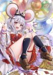  1girl absurdres animal_ears bangs blush bow eyebrows_visible_through_hair granblue_fantasy highres hyouta_(yoneya) long_sleeves looking_at_viewer mouse mouse_ears navy_blue_legwear open_mouth panties red_eyes short_hair silver_hair socks solo underwear vikala_(granblue_fantasy) white_panties 