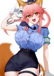  1girl :d animal_ears belt breasts fate/extra fate_(series) fox_ears fox_tail gloves hair_between_eyes hat highres long_hair necktie open_mouth pink_hair police police_uniform policewoman simple_background smile solo tail tamamo_(fate)_(all) tamamo_no_mae_(fate) teeth thigh_strap uniform white_background white_gloves wrist_cuffs xiujia_yihuizi yellow_eyes 