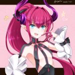  1girl :d bangs black_dress blue_eyes blush breasts collarbone commentary_request curled_horns dated detached_sleeves dragon_horns dress elizabeth_bathory_(fate) elizabeth_bathory_(fate)_(all) eyebrows_visible_through_hair fate/extra fate/extra_ccc fate_(series) finger_to_mouth hair_between_eyes hair_intakes hand_up heart hebitsukai-san highres horns long_hair long_sleeves looking_at_viewer open_mouth pointy_ears ponytail purple_hair sidelocks small_breasts smile solo star twitter_username upper_body very_long_hair white_sleeves 