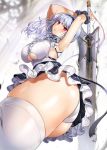  1girl apron arms_up ass azur_lane bangs black_hairband blush breasts center_frills choker cuffs dido_(azur_lane) frilled_choker frills gijang hairband large_breasts long_hair looking_at_viewer open_mouth pink_eyes silver_hair sleeveless solo sword thigh-highs thighs under_boob underboob_cutout waist_apron weapon white_apron white_legwear 