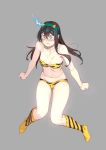  1girl :t alternate_costume animal_print ass_visible_through_thighs bangs bare_arms bare_shoulders black_hair blush breasts commentary_request eyebrows_visible_through_hair full_body glasses green_eyes grey_background hairband highres horns kantai_collection kneehighs lightning_bolt loincloth long_hair navel nipples oni oni_horns ooyodo_(kantai_collection) pout semi-rimless_eyewear setsubun simple_background small_breasts solo tiger_print under-rim_eyewear yuuji_(and) 