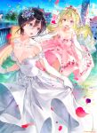  2girls bare_shoulders black_hair blonde_hair blue_eyes bride couple dress dsmile eye_contact gloves highres implied_yuri long_hair looking_at_another multiple_girls original pink_dress short_hair white_dress yuri 