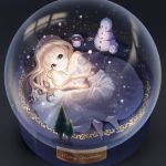  1girl absurdres bare_shoulders barefoot blonde_hair blue_eyes collarbone commentary dress food highres long_hair looking_at_viewer lying marshmallow merry_christmas on_side original snowman solo taemin tagme white_dress winter 