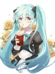  1girl alternate_costume aqua_bow aqua_eyes aqua_hair aqua_neckwear bangs black_bow black_dress blush bow bowtie commentary_request cropped_torso cup disposable_cup dress drinking drinking_straw eyebrows_visible_through_hair flower hair_between_eyes hair_bow hand_up hatsune_miku highres holding holding_cup juliet_sleeves long_hair long_sleeves looking_at_viewer petals puffy_sleeves shangguan_feiying sidelocks simple_background solo upper_body very_long_hair vocaloid white_background yellow_flower 