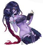  1girl apophis_(monster_girl_encyclopedia) armlet bangs barbariank bare_shoulders black_hair black_sclera blush book bracelet braid breasts commentary earrings english_commentary eyebrows_visible_through_hair gradient_hair hair_between_eyes hand_on_own_chest heart holding holding_book jewelry lamia large_breasts long_hair looking_away monster_girl monster_girl_encyclopedia multicolored_hair navel open_book pelvic_curtain pink_hair pointy_ears purple_skin reading scales simple_background solo stomach under_boob very_long_hair white_background yellow_eyes 