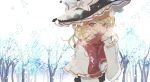  1girl blonde_hair bow hat hat_bow highres joniko1110 kirisame_marisa long_sleeves messy_hair open_mouth outdoors red_scarf scarf snow snowing solo touhou upper_body winter witch_hat yellow_eyes 