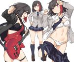  1girl bang_dream! bangs beige_jacket black_bra black_hair black_jacket black_legwear black_neckwear black_skirt blue_eyes blush bra breasts brown_footwear commentary_request frown guitar holding holding_instrument instrument jacket kneehighs large_breasts looking_at_viewer multicolored_hair multiple_views navel necktie panties pleated_skirt redhead shiseki_hirame shoes simple_background skirt thigh_strap two-tone_hair underwear white_background white_bra white_panties 