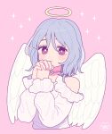  1girl absurdres angel angel_wings blush bright_pupils choker clothing_cutout feathered_wings grey_hair halo hands_together highres long_sleeves looking_at_viewer medium_hair nokanok original pink_background shirt shoulder_cutout signature simple_background solo sparkle violet_eyes white_pupils white_shirt white_wings wings 