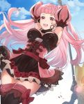  1girl arms_up axe blue_sky breasts clouds day dress earrings fire_emblem fire_emblem:_three_houses haru_(nakajou-28) highres hilda_valentine_goneril holding holding_axe jewelry large_breasts long_hair open_mouth pink_eyes pink_hair ponytail short_dress sky solo 