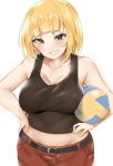  1girl bababababan belt blonde_hair blush breasts brown_eyes grin haikyuu!! hand_on_hip hands_on_hips highres short_hair simple_background smile tanaka_saeko_(haikyuu!!) tank_top teeth volleyball white_background 