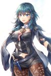  1girl absurdres armor armored_dress belt black_legwear blue_eyes blue_hair breasts byleth_(fire_emblem) byleth_eisner_(female) dagger detached_collar eyebrows_visible_through_hair fire_emblem fire_emblem:_three_houses hand_on_hip highres jacket jacket_on_shoulders large_breasts long_hair looking_at_viewer midriff navel open_mouth pantyhose samoore short_shorts shorts simple_background smile solo vambraces weapon white_background 