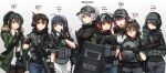  6+girls :d ;d absurdres ahoge aleksandra_morozova apron assault_rifle bangs baseball_cap black_dress black_gloves black_hair black_necktie black_pantyhose black_shirt black_shorts blue_eyes blue_pants breasts brown_eyes brown_gloves brown_hair bullpup candy character_name closed_mouth collared_dress collared_shirt commentary_request crossed_arms dress emily_ko fn_f2000 folded_ponytail food food_in_mouth frilled_apron frills glock gloves goggles goggles_on_head gradient gradient_background green_jacket grey_background grey_gloves grey_headwear gun hair_between_eyes hair_over_one_eye han_yue_ling hand_on_another&#039;s_head handgun hat headphones headset height helmet highres holding holding_gun holding_helmet holding_weapon index_finger_raised jacket juliet_lin legwear_under_shorts lisa_yip liu_si_jing lollipop long_hair looking_at_viewer lr-300 maid maid_headdress medium_breasts multiple_girls ndtwofives necktie one_eye_closed open_clothes open_jacket open_mouth original pants pantyhose parted_lips partially_fingerless_gloves ponytail puffy_short_sleeves puffy_sleeves red_eyes revision rifle shirt short_shorts short_sleeves shorts smile suzuya_tang violet_eyes vivian_zhao weapon white_apron white_background white_shirt 