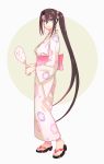  1girl alternate_costume black_hair brown_eyes circle fan floral_print full_body grey_background highres japanese_clothes kantai_collection kimono long_hair nachi_(kantai_collection) sandals side_ponytail solo two-tone_background very_long_hair white_background white_kimono yukata yuuji_(and) 