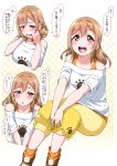  1girl :d :o bangs blush brown_hair capri_pants commentary_request embarrassed half-closed_eyes halftone halftone_background hands_in_hair highres kunikida_hanamaru long_hair looking_at_viewer love_live! love_live!_sunshine!! multiple_views off-shoulder_shirt off_shoulder open_mouth orange_legwear outline pants paw_print print_shirt shirt short_sleeves sitting smile socks spoken_blush towel translation_request white_outline white_shirt yellow_background yellow_eyes yellow_pants yopparai_oni 