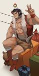  1boy abs bara bear beard belt biceps black_hair blush brk_603 chest facial_hair fang gift highres horns looking_at_viewer male_focus muscle open_clothes open_shirt pectorals santa_costume scar shorts simple_background sitting smile solo takemaru_(tokyo_houkago_summoners) teeth tokyo_houkago_summoners veins 