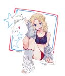  1girl 2020 alternate_costume blonde_hair blue_eyes breasts character_name dated girls_und_panzer happy_birthday heart kay_(girls_und_panzer) kneehighs long_hair looking_at_viewer medium_breasts open_mouth red_shorts shoes shorts smile sneakers solo soramame_(corndog) sports_bra teeth thighs white_background 