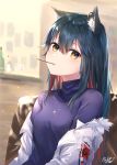  1girl animal_ear_fluff animal_ears arknights bangs black_hair blurry blurry_background blush bottle breasts closed_mouth commentary_request cup depth_of_field drinking_glass ear_piercing eyebrows_visible_through_hair food food_in_mouth hair_between_eyes highres jacket long_hair looking_at_viewer multicolored_hair off_shoulder omelet_tomato open_clothes open_jacket piercing pocky purple_shirt redhead shirt signature sitting small_breasts solo streaked_hair texas_(arknights) upper_body white_jacket wine_glass yellow_eyes 