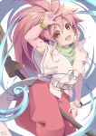  1girl arche_klein bangs blush bracelet broom broom_riding elbow_gloves gloves hair_between_eyes highres jewelry long_hair looking_at_viewer open_mouth pink_eyes pink_gloves pink_hair ponytail solo tales_of_(series) tales_of_phantasia yoshino_ryou 