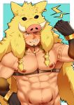  1boy abs absurdres armpit_hair bara beard belt blush brown_hair chest clayten facial_hair fang gloves highres jewelry looking_at_viewer male_focus muscle navel necklace nipples one_eye_closed pectorals scar simple_background smile solo tattoo tokyo_houkago_summoners 