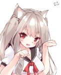  1girl :d animal_ear_fluff animal_ears azur_lane black_sailor_collar blush bow breasts brown_hair crop_top crop_top_overhang fang hamaru_(s5625t) hands_up long_hair looking_at_viewer medium_breasts open_mouth paw_pose puffy_short_sleeves puffy_sleeves red_bow red_eyes sailor_collar school_uniform serafuku shirt short_eyebrows short_sleeves signature simple_background smile solo thick_eyebrows two_side_up under_boob upper_body white_background white_shirt wolf_ears yuudachi_(azur_lane) 