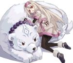  1girl :d ainu_clothes bead_necklace beads bear black_legwear commentary fate/grand_order fate_(series) fingerless_gloves full_body gloves grey_hair hair_tubes headband highres illyasviel_von_einzbern jewelry long_hair lying_on_another namiharuru necklace open_mouth pantyhose polar_bear red_eyes simple_background sitonai smile very_long_hair white_background 