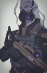  elf elf_ears gas_mask grey_background gun holding_gun holding_rifle holding_weapon lotor_(voltron) mask military military_uniform pointy_ears purple_skin rifle serious violet_eyes voltron voltron:_legendary_defender white_hair yellow_eyes yellow_sclera 