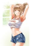  1girl arms_up bangs blush breasts brown_eyes brown_hair clothes_writing commentary_request cowboy_shot denim denim_shorts eyebrows_visible_through_hair hair_bun hair_intakes hair_ornament hairclip highres koji_(kojikojimdw) large_breasts looking_at_viewer midriff navel original parted_lips shirt short_shorts short_sleeves shorts sidelocks simple_background smile solo t-shirt tied_shirt twitter_username two-tone_shirt window 
