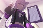  1girl :3 animal_ear_fluff animal_ears bangs blush breasts cat_ears cat_tail closed_mouth commentary_request eyebrows_visible_through_hair from_below hololive indoors kaimuu_(fahrenheit724) looking_at_viewer medium_breasts midriff mimikaki navel nekomata_okayu pov purple_hair short_hair sidelocks sitting smile solo tail violet_eyes window window_shade 