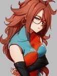  1girl android_21 blue_eyes breasts checkered checkered_dress detached_sleeves dragon_ball dragon_ball_fighterz dress earrings glasses grey_background hair_between_eyes hoop_earrings jewelry kemachiku long_hair looking_at_viewer medium_breasts redhead simple_background solo 