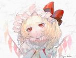  1girl artist_name blonde_hair commentary_request eyebrows_visible_through_hair flandre_scarlet frown hand_on_own_chin hat hat_ribbon head_tilt looking_at_viewer mob_cap mochacot one_side_up pout puffy_short_sleeves puffy_sleeves red_eyes red_vest ribbon shirt short_hair short_sleeves solo symbol_commentary texture touhou upper_body vest white_background white_headwear white_shirt wings wrist_cuffs yellow_neckwear 