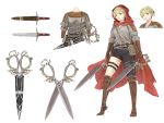  absurdres belt blonde_hair boots brown_footwear brown_gloves cloak dagger dual_wielding gloves highres holding holding_weapon hood hood_up muu_(gved7775) orange_eyes original parted_lips red_cloak scabbard scissors sheath simple_background smoke smoking standing weapon white_background 