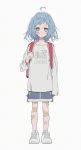  1girl ahoge backpack bag bandaid bandaid_on_arm bandaid_on_face bandaid_on_hand bandaid_on_leg blue_eyes blue_hair blue_shorts full_body highres light_oooo long_sleeves messy_hair original shoes short_hair shorts sleeves_past_wrists sneakers solo standing white_background 