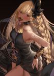  1girl bare_shoulders black_bow blonde_hair bow braid from_above granblue_fantasy halterneck helel_ben_shalem long_hair mouth_hold red_eyes solo suzuame_yatsumi vambraces 