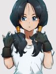  1girl black_gloves black_hair blue_eyes dragon_ball dragon_ball_z fingerless_gloves gloves grey_background kemachiku long_hair looking_to_the_side short_sleeves simple_background solo twintails videl 