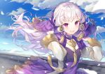  1girl arms_up bangs blue_sky blush clouds commentary_request day detached_collar dress eyebrows_visible_through_hair fire_emblem fire_emblem:_three_houses floating_hair frilled_dress frills long_hair long_sleeves looking_at_viewer lysithea_von_ordelia outdoors petals purple_dress ringozaka_mariko sidelocks signature silver_hair sky solo tassel upper_body veil very_long_hair violet_eyes wins 
