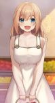  1girl apple bangs basket blue_eyes blush breasts brown_hair cccpo commentary_request dress eyebrows_visible_through_hair food fruit highres holding holding_basket large_breasts long_hair looking_at_viewer open_mouth original smile solo translation_request 