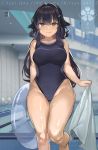  1girl azuma_(azur_lane) azur_lane black_hair black_swimsuit blurry breasts competition_swimsuit crest curvy depth_of_field feet_out_of_frame hair_flaps highres indoors innertube large_breasts looking_at_viewer one-piece_swimsuit photo_background pool sakurami617 smile solo swimsuit towel translation_request white_towel yellow_eyes 