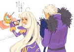  1boy 1girl ahoge cat cellphone fur_trim genderswap genderswap_(mtf) highres irakunoikura krizalid long_hair original_zero parfait phone shoulder_pads smartphone taking_picture the_king_of_fighters translation_request very_long_hair white_hair 