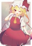  1girl aoi_(annbi) ascot blonde_hair bow commentary_request eyebrows_visible_through_hair fang flandre_scarlet hat hat_bow highres mob_cap one_eye_closed open_mouth petticoat red_eyes red_skirt red_vest short_sleeves skin_fang skirt skirt_hold skirt_set solo touhou vest wings yellow_neckwear 