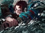  1boy black_jacket brown_hair checkered_haori clenched_teeth holding holding_sword holding_weapon jacket kamado_tanjirou katana kimetsu_no_yaiba long_sleeves looking_at_viewer male_focus red_eyes scar solo sword tagame_(tagamecat) teeth weapon 