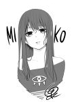  1girl bare_shoulders character_name empty_eyes greyscale highres izumi_(toubun_kata) lips long_hair looking_at_viewer mieruko-chan monochrome parted_lips signature simple_background solo upper_body white_background yotsuya_miko 